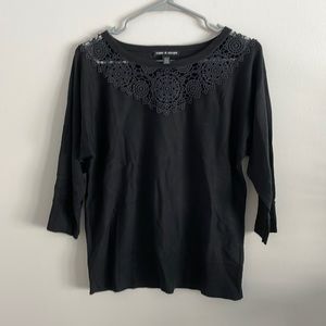 Cable and Gauge black sweater with crocheted neck detail. Size S